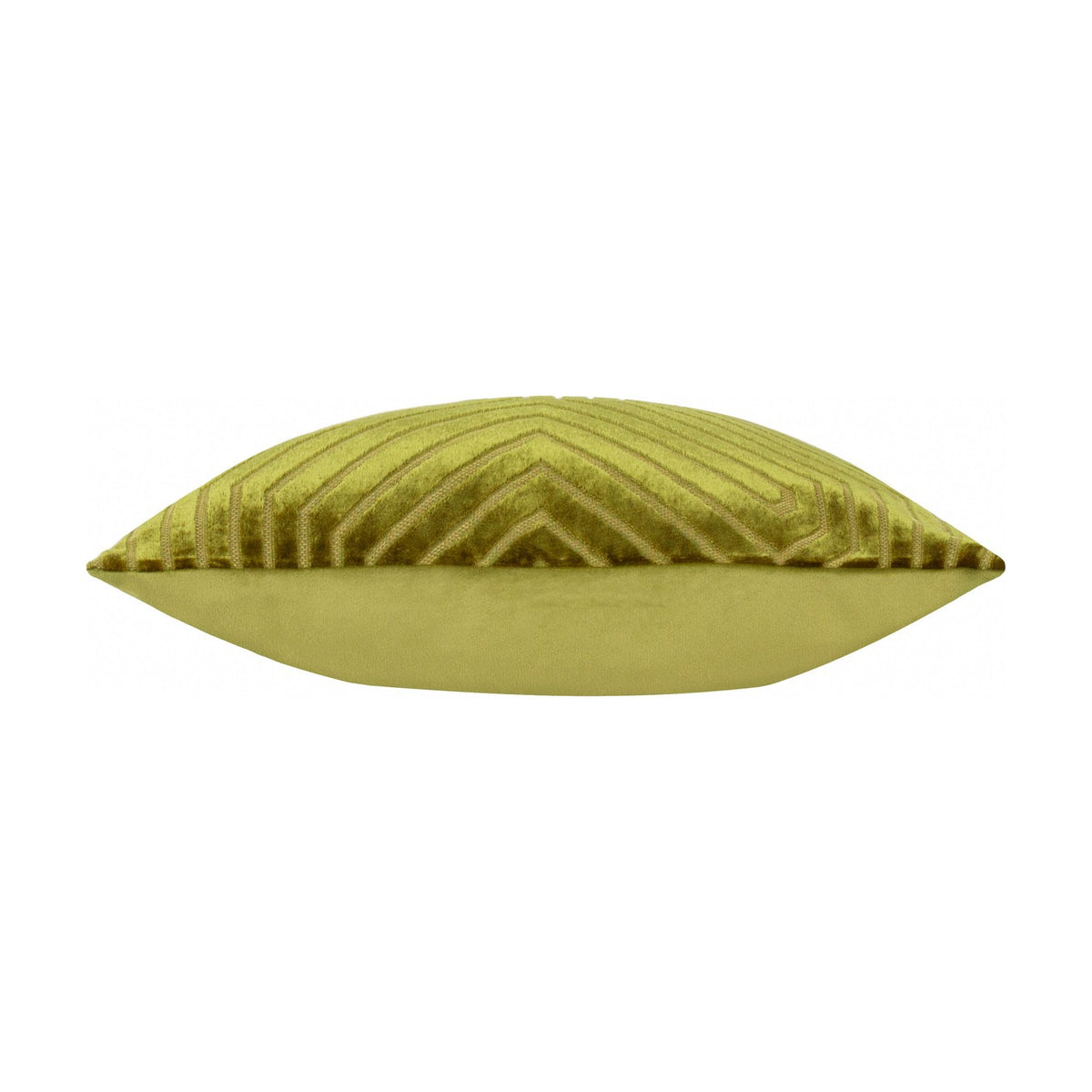 Side view of the Evoke Geometric Velvet Cushion in olive and chartreuse, showing plain velvet backing and textured chevron-patterned front edge, on a white background.