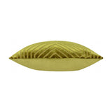 Side view of the Evoke Geometric Velvet Cushion in olive and chartreuse, showing plain velvet backing and textured chevron-patterned front edge, on a white background.