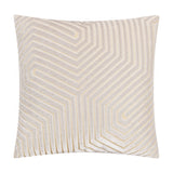 Evoke Geometric Velvet Cushion in pale oyster, square with a chevron pattern of raised velvet lines fanning from a central spine, edged in fine gold thread, shown on a plain white background.