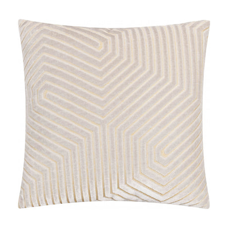Evoke Geometric Velvet Cushion in pale oyster, square with a chevron pattern of raised velvet lines fanning from a central spine, edged in fine gold thread, shown on a plain white background.