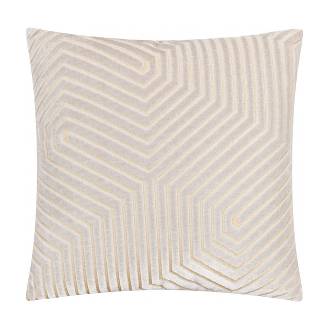 Evoke Geometric Velvet Cushion in pale oyster, square with a chevron pattern of raised velvet lines fanning from a central spine, edged in fine gold thread, shown on a plain white background.