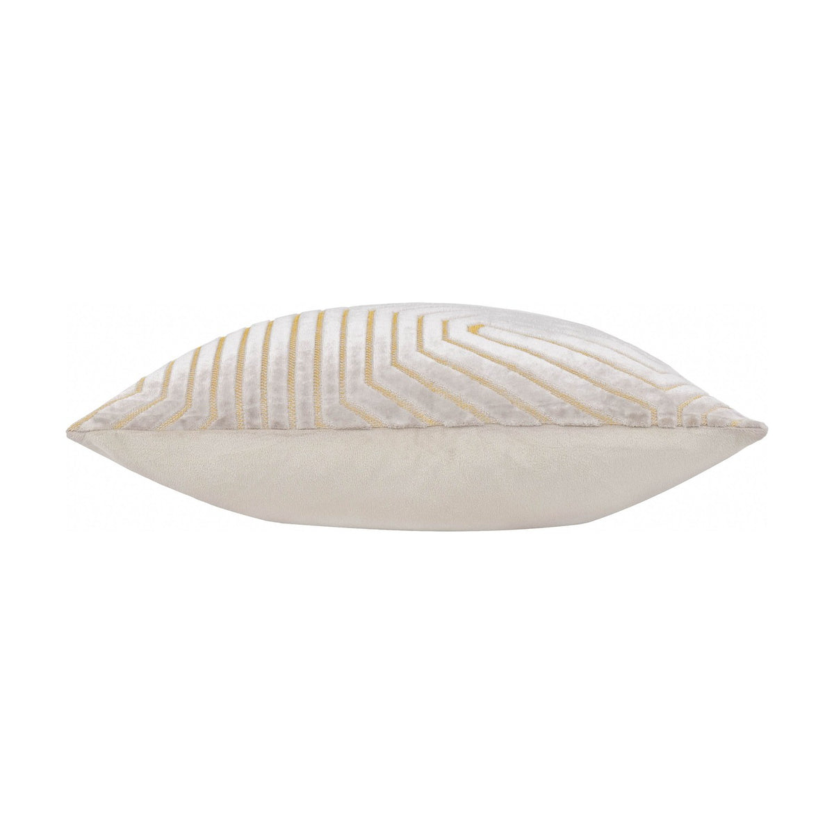 Pale oyster Evoke Geometric Velvet Cushion, side-on view, showing chevron cut-velvet pattern with gold metallic thread on the front and a plain velvet reverse.