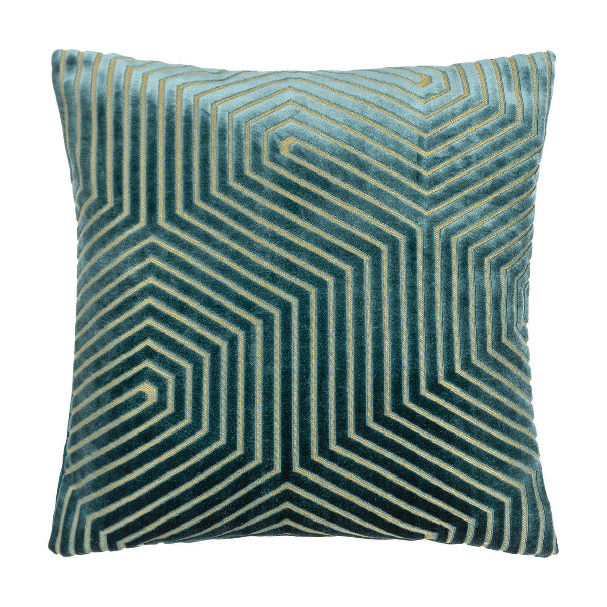 Evoke Geometric Velvet Cushion in teal, square with cut-velvet hexagonal and chevron ridges accented by metallic gold threads, shown on a plain white background.