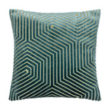 Evoke Geometric Velvet Cushion in teal, square with cut-velvet hexagonal and chevron ridges accented by metallic gold threads, shown on a plain white background.