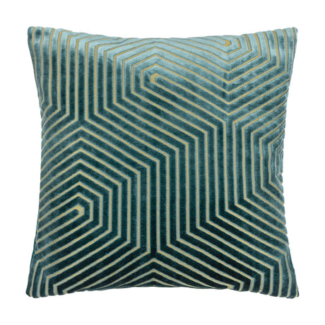 Evoke Geometric Velvet Cushion in teal, square with cut-velvet hexagonal and chevron ridges accented by metallic gold threads, shown on a plain white background.