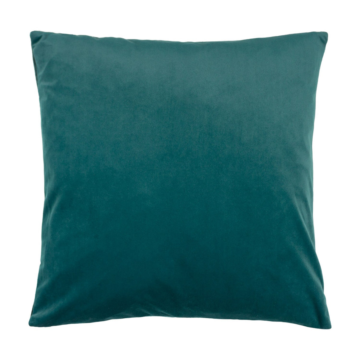 Evoke Geometric Velvet Cushion in teal, square with plain velvet finish and piped edges, shown on a plain white background.