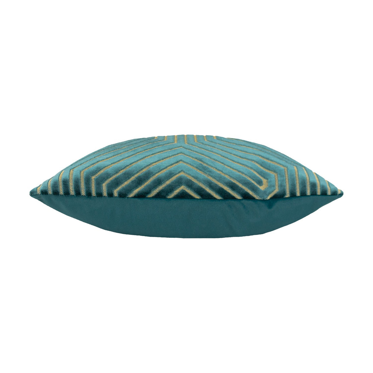 Side view of the Evoke Geometric Velvet Cushion in teal, showing its plump shape, chevron and hexagonal cut-velvet pattern with gold metallic thread, and plain velvet reverse.