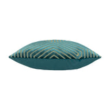 Side view of the Evoke Geometric Velvet Cushion in teal, showing its plump shape, chevron and hexagonal cut-velvet pattern with gold metallic thread, and plain velvet reverse.