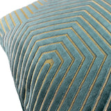 Close-up of the Evoke Geometric Velvet Cushion in teal, showing cut velvet chevron and hexagonal ridges with metallic gold thread detailing.