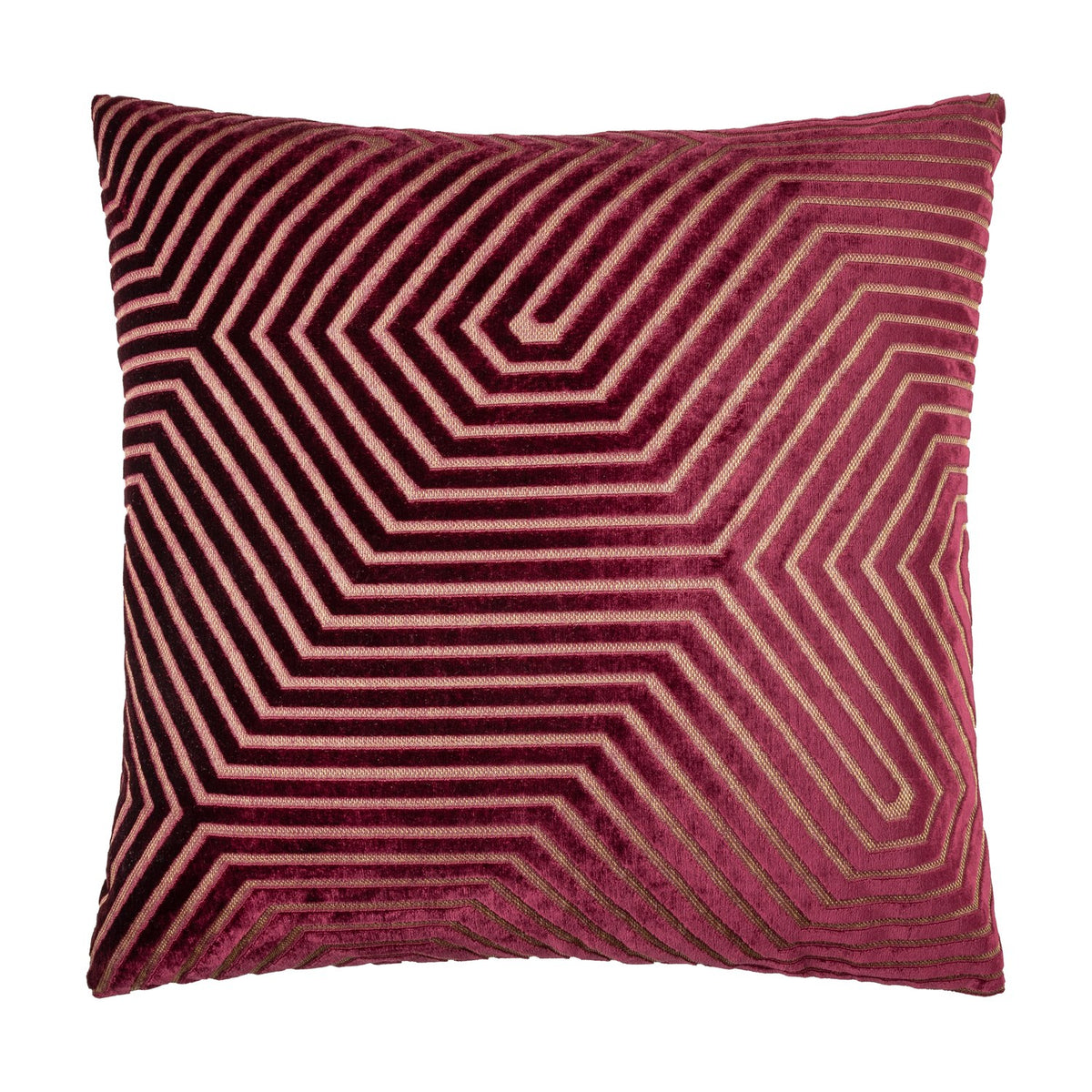 Evoke Geometric Velvet Cushion in burgundy, square with a raised chevron and angular line pattern in gold-toned thread, shown on a plain white background.