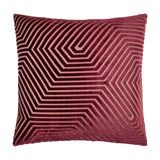 Evoke Geometric Velvet Cushion in burgundy, square with a raised chevron and angular line pattern in gold-toned thread, shown on a plain white background.