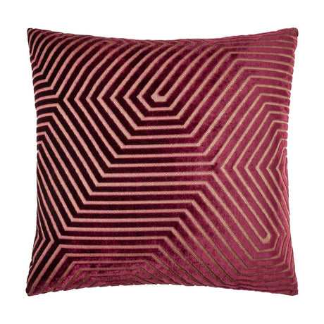 Evoke Geometric Velvet Cushion in burgundy, square with a raised chevron and angular line pattern in gold-toned thread, shown on a plain white background.