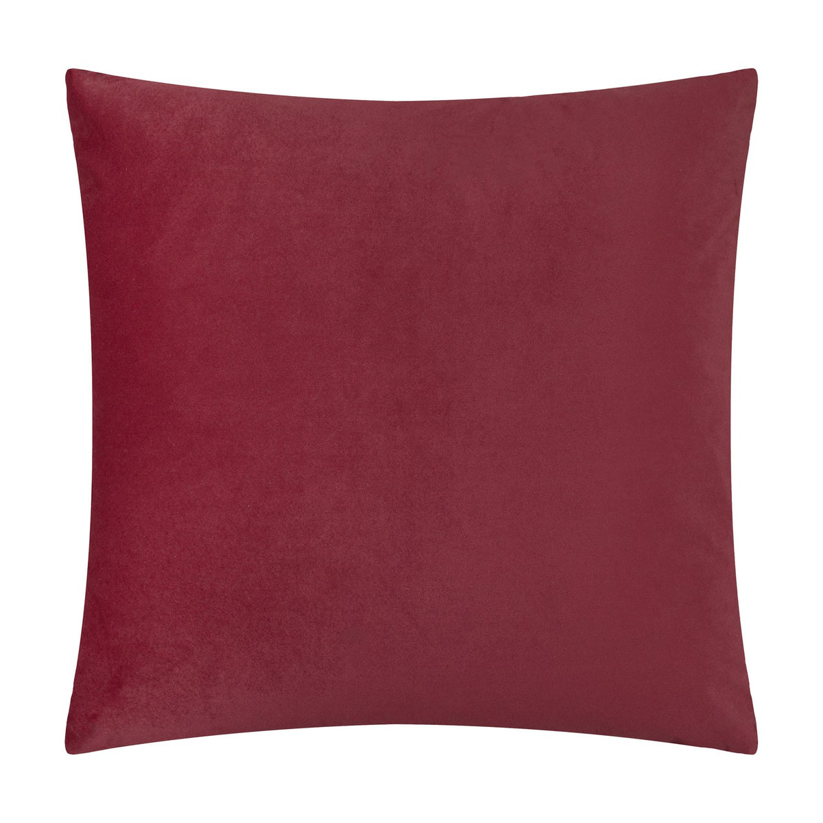Square burgundy velvet cushion, Evoke Geometric design, shown here with its plain reverse side visible against a white background.