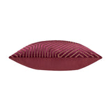 Side view of the Evoke Geometric Velvet Cushion in burgundy, showing raised chevron patterning with gold-toned contrast lines on the front and plain velvet reverse, set against a white background.