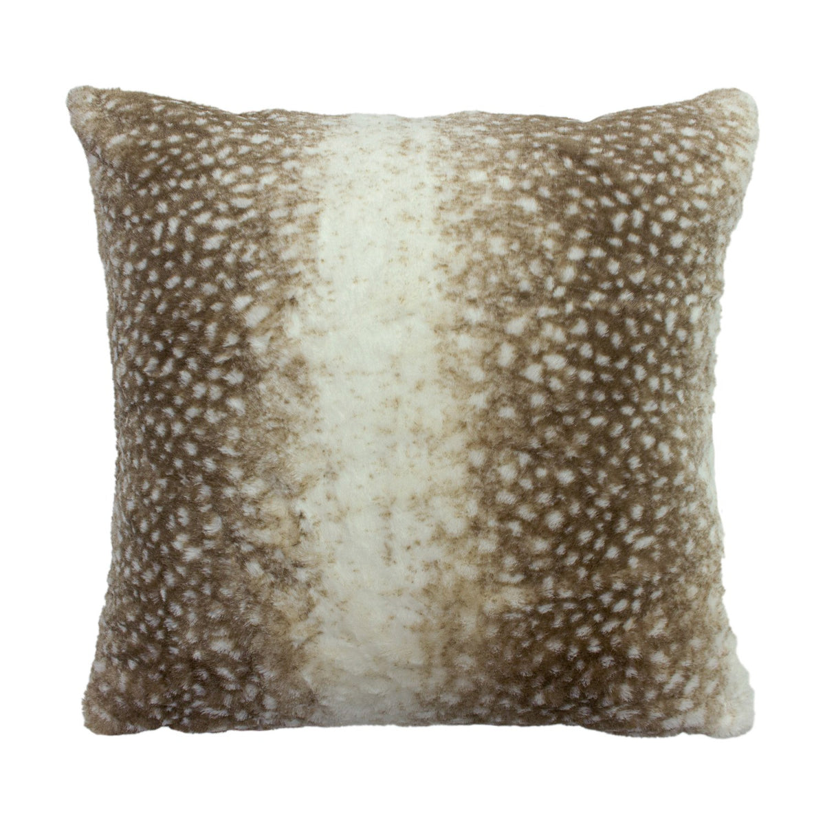 Square Fawn faux fur cushion in brown and cream, featuring a spotted deerskin print with a pale central band, shown on a plain white background.
