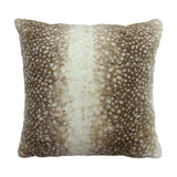 Square Fawn faux fur cushion in brown and cream, featuring a spotted deerskin print with a pale central band, shown on a plain white background.