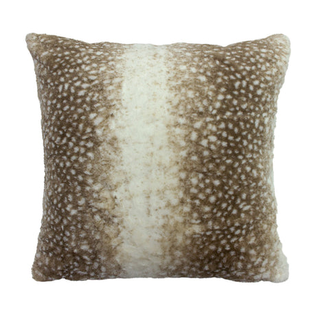 Square Fawn faux fur cushion in brown and cream, featuring a spotted deerskin print with a pale central band, shown on a plain white background.
