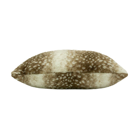 Side view of the Fawn Animal Faux Fur Cushion in multicolour, showing a plush brown and cream spotted deerskin print on a plain white background.