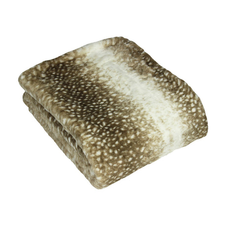 Fawn Animal Faux Fur Throw in Multicolour, folded to show a spotted deerskin print in browns and cream with a pale central stripe, on a plain white background.
