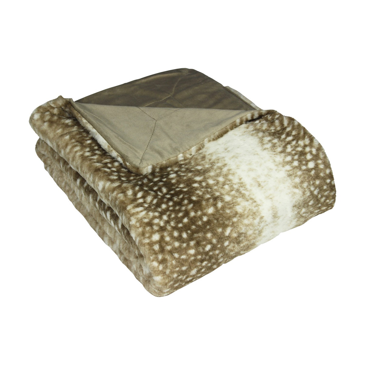 Fawn Animal Faux Fur Throw in Multicolour, folded to show the spotted brown and cream deerskin-print pile alongside its solid taupe reverse, on a white background.