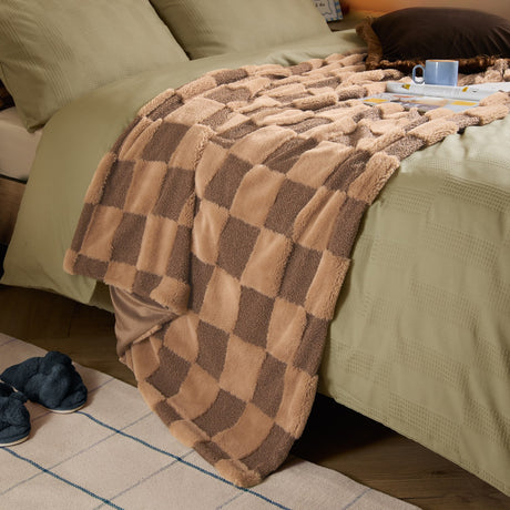 Fur Boucle Check Velvet Faux Fur Throw - Chocolate Truffle