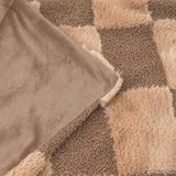 Fur Boucle Check Velvet Faux Fur Throw in Chocolate Truffle, showing a checkerboard mix of long faux fur and curly boucle squares with a smooth taupe velvet reverse.