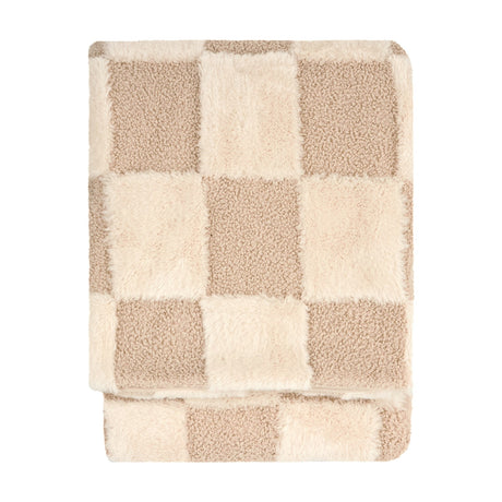 Fur Boucle Check Velvet Faux Fur Throw in natural, folded to show a beige and cream checkerboard pattern with alternating boucle and plush faux fur textures, set against a plain white background.