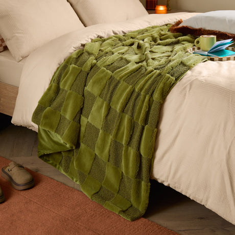 Fur Boucle Check Velvet Faux Fur Throw - Olive