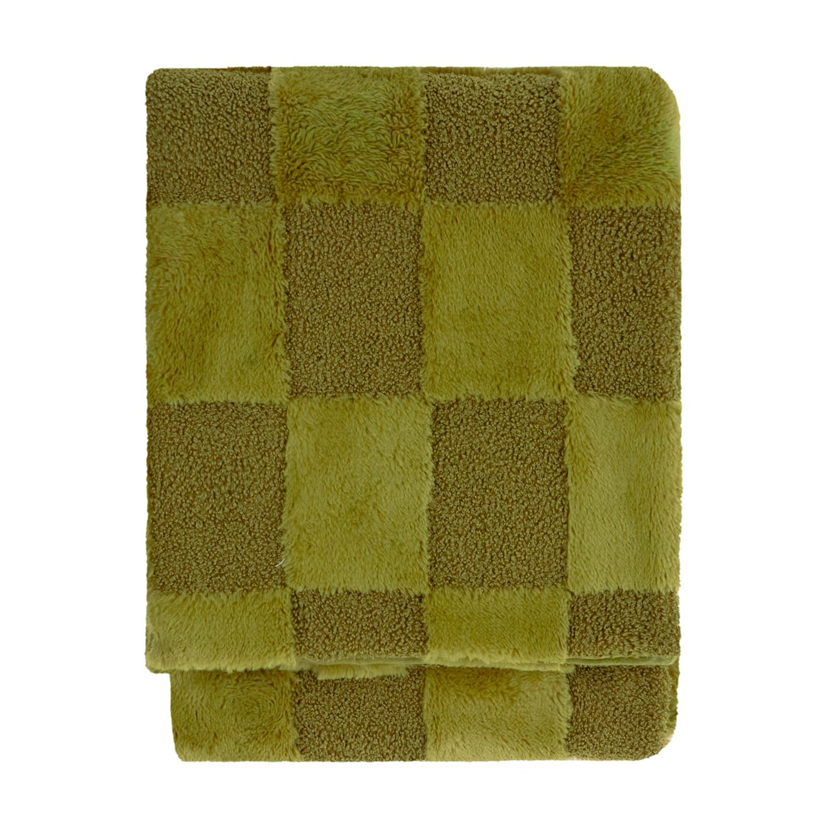 Fur Boucle Check Velvet Faux Fur Throw in Olive, folded to show a checkerboard pattern of boucle loop and faux fur pile squares in varied green tones, on a plain white background.