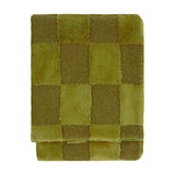Fur Boucle Check Velvet Faux Fur Throw in Olive, folded to show a checkerboard pattern of boucle loop and faux fur pile squares in varied green tones, on a plain white background.