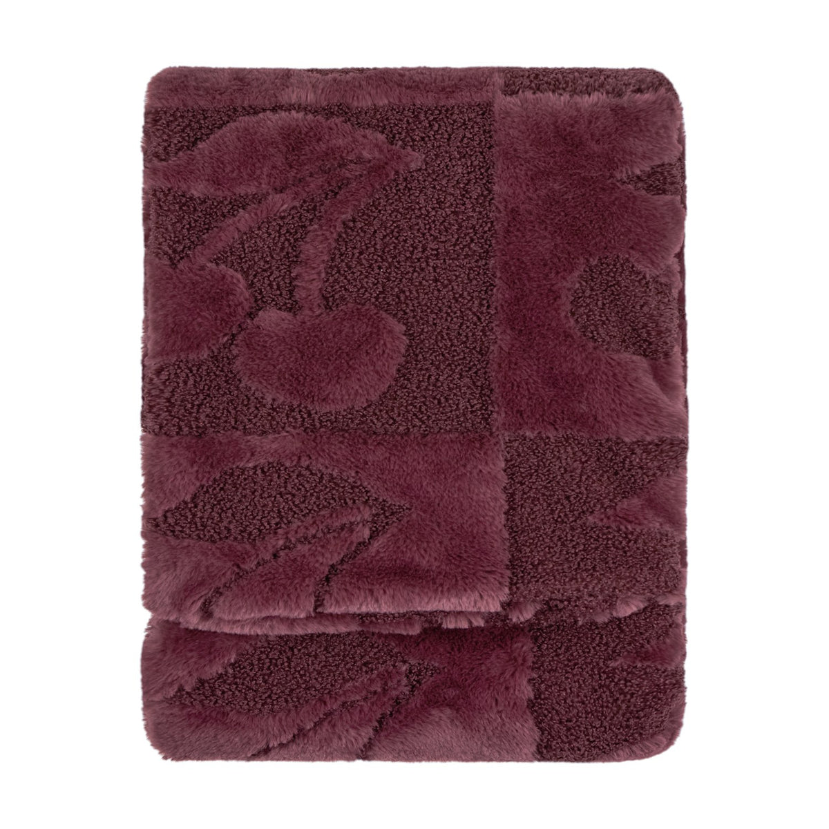 Folded faux fur throw in Morello purple with a checkerboard of smooth pile and boucle squares featuring a raised cherry design, shown on a plain white background.