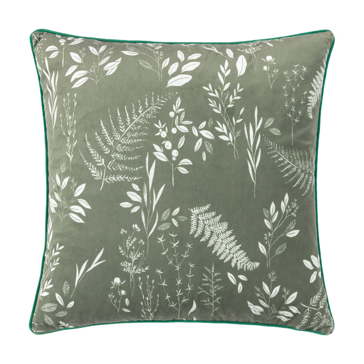 Fearne square velvet cushion in sage green with a hand-drawn white botanical print of ferns, leaves and berries, finished with green piping, shown on a plain white background.