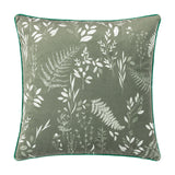 Fearne square velvet cushion in sage green with a hand-drawn white botanical print of ferns, leaves and berries, finished with green piping, shown on a plain white background.