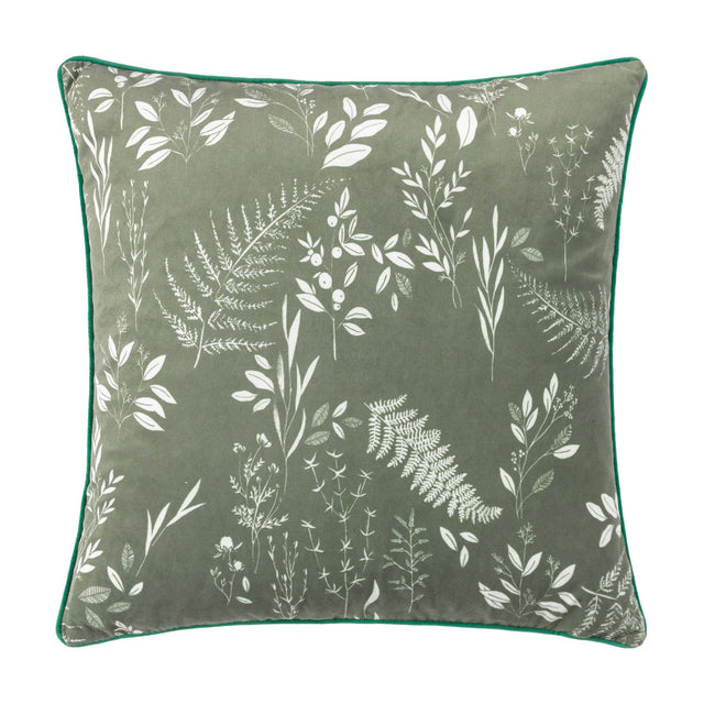 Fearne square velvet cushion in sage green with a hand-drawn white botanical print of ferns, leaves and berries, finished with green piping, shown on a plain white background.