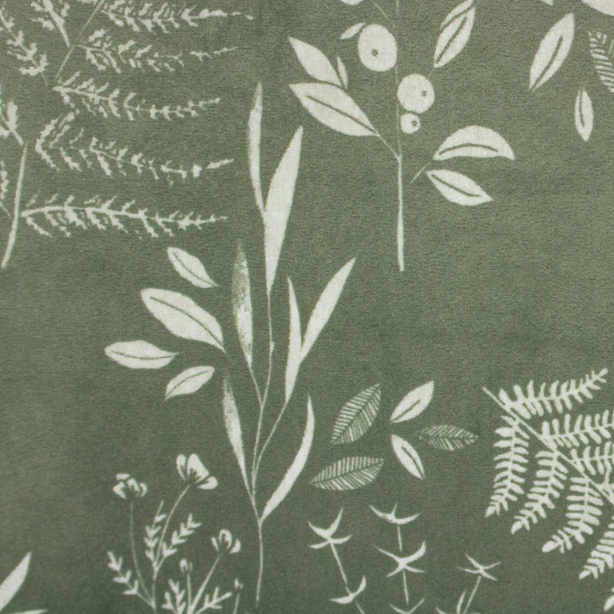 Close-up of the Fearne Reversible Velvet Cushion in sage green, showing a hand-drawn white botanical print of ferns, berries and grasses on a mottled velvet ground.