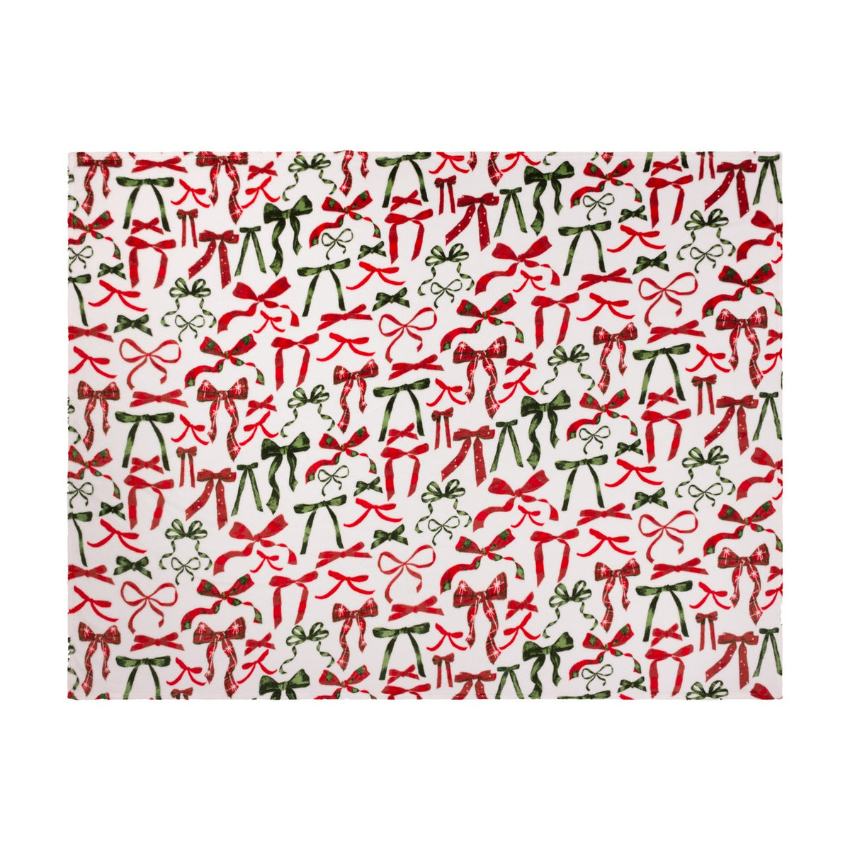 Nathaliefestivebows Bows Polyester Throw in Berry/Pine, a cream fleece throw with an allover print of red, pine green, and tartan-check bows, shown on a plain white background.
