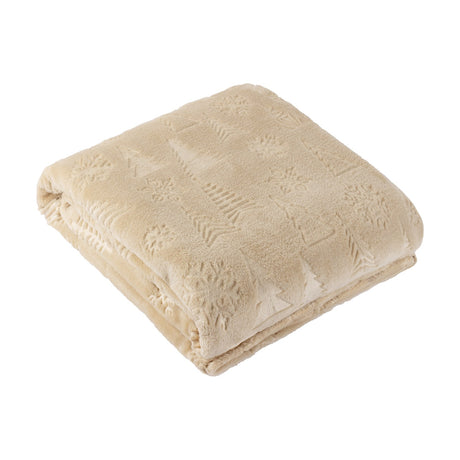 Folded natural beige polyester fleece throw with embossed Christmas tree and snowflake motifs, shown on a plain white background.