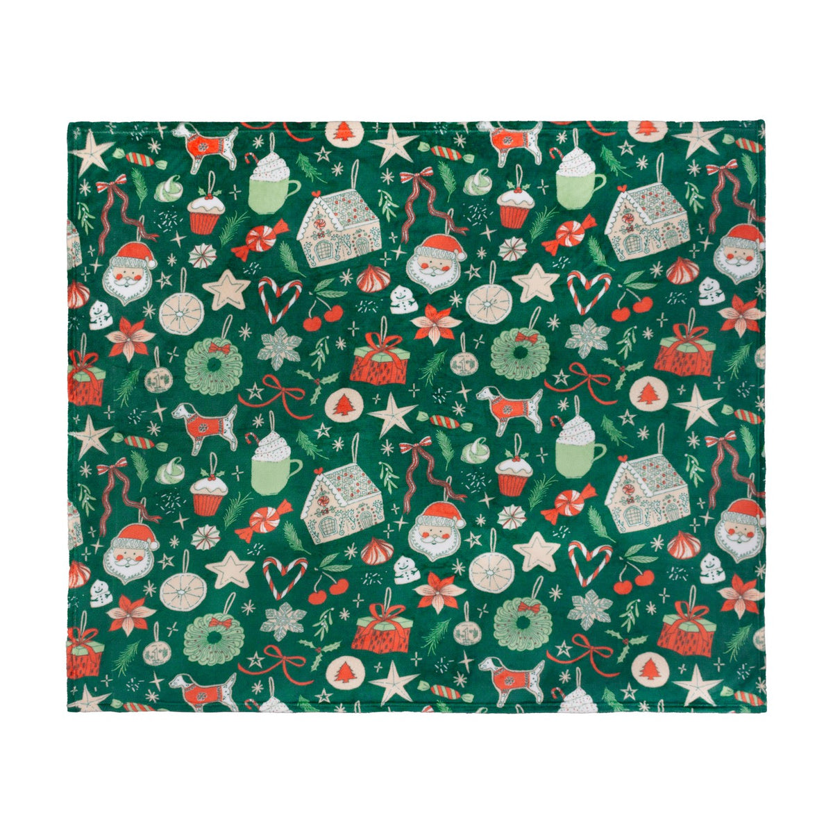 Emerald green polyester throw with a Christmas print of gingerbread houses, Santa faces, wreaths, dogs in jumpers, hot chocolate cups, and ribbon bows, shown flat.