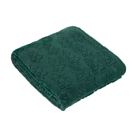 Folded emerald green polyester fleece throw with an embossed Christmas tree pattern raised across the fabric, shown on a plain white background.