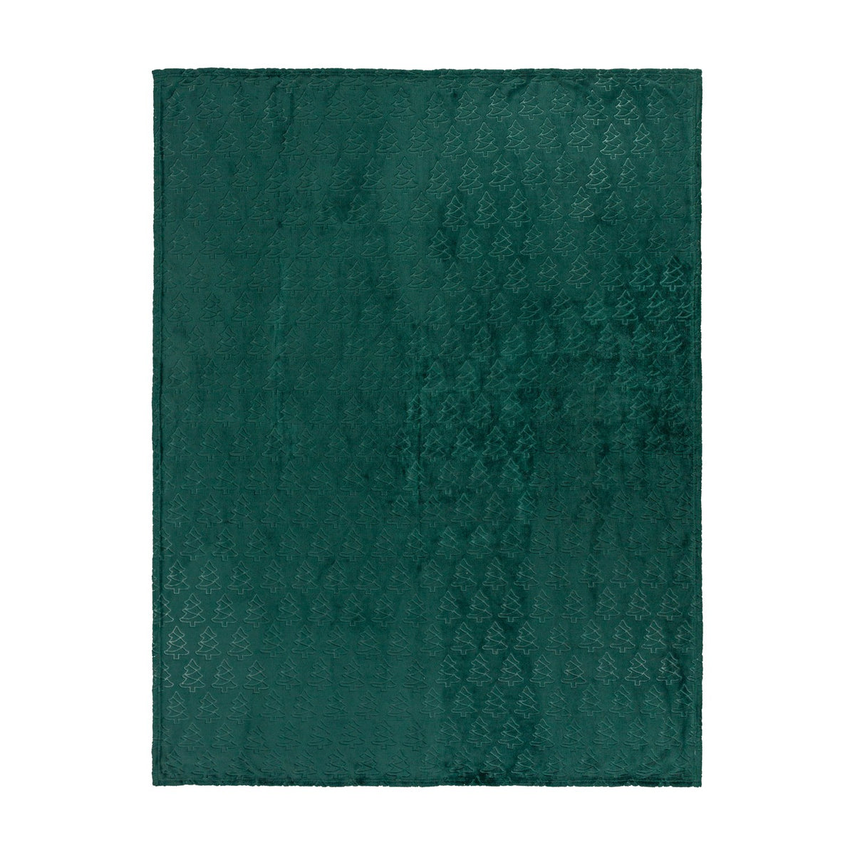 Emerald green polyester fleece throw with an embossed Christmas tree pattern raised across the pile, shown flat against a plain white background.
