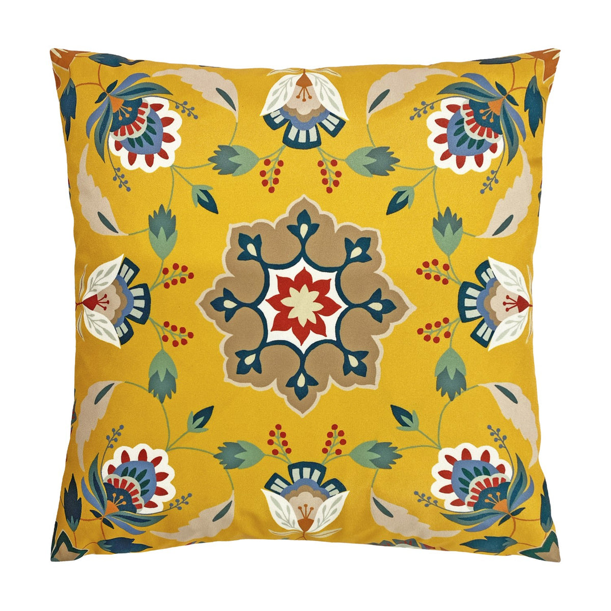 Folk Flora Floral Polyester Cushion in ochre-yellow with a central medallion, fanned blooms, leaves and berries in teal, red, cream and blue, shown on a plain white background.