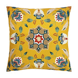 Folk Flora Floral Polyester Cushion in ochre-yellow with a central medallion, fanned blooms, leaves and berries in teal, red, cream and blue, shown on a plain white background.