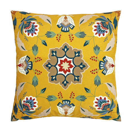 Folk Flora Floral Polyester Cushion in ochre-yellow with a central medallion, fanned blooms, leaves and berries in teal, red, cream and blue, shown on a plain white background.
