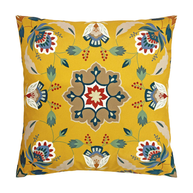 Folk Flora Floral Polyester Cushion in ochre-yellow with a central medallion, fanned blooms, leaves and berries in teal, red, cream and blue, shown on a plain white background.