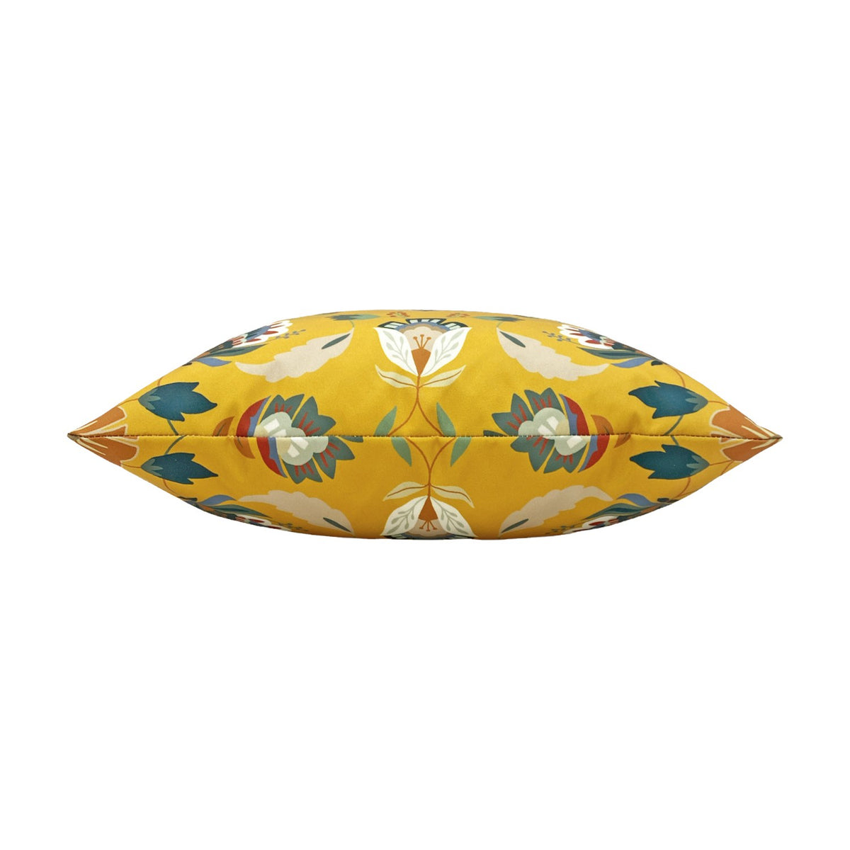 Side view of the Folk Flora Floral Polyester Cushion in ochre, showing its plump edge with a folk-art floral pattern in teal, cream and red on a plain white background.