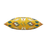 Side view of the Folk Flora Floral Polyester Cushion in ochre, showing its plump edge with a folk-art floral pattern in teal, cream and red on a plain white background.