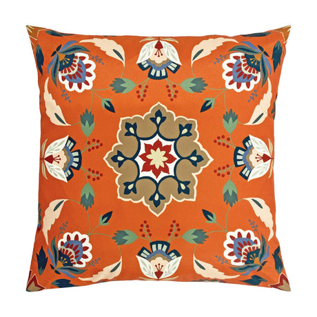 Folk Flora Floral Polyester Cushion in orange, featuring a symmetrical folk-art design with a central medallion and blue, cream and red floral motifs, shown on a plain white background.