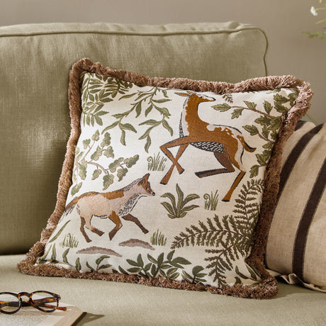 Fable Fox and Deer Woodland Cotton Cushion - Willow Green