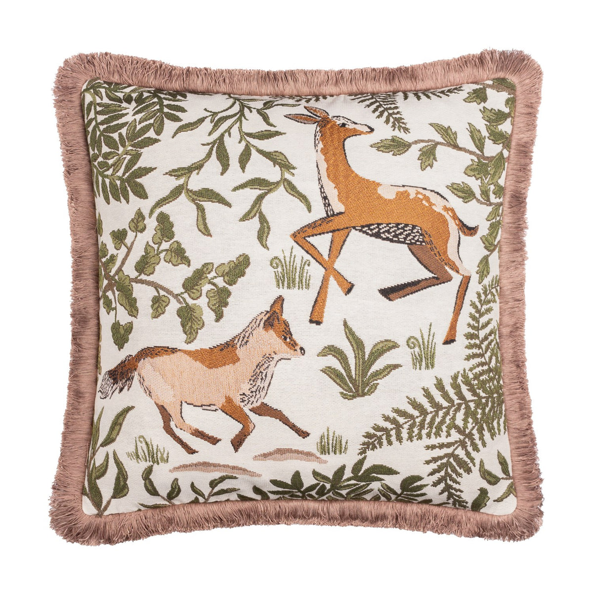 Fable Fox and Deer Woodland Cotton Cushion in Willow Green, square with woven fox and leaping deer design on cream cotton, green foliage border and dusky-pink fringe trim, on a white background.