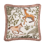 Fable Fox and Deer Woodland Cotton Cushion in Willow Green, square with woven fox and leaping deer design on cream cotton, green foliage border and dusky-pink fringe trim, on a white background.